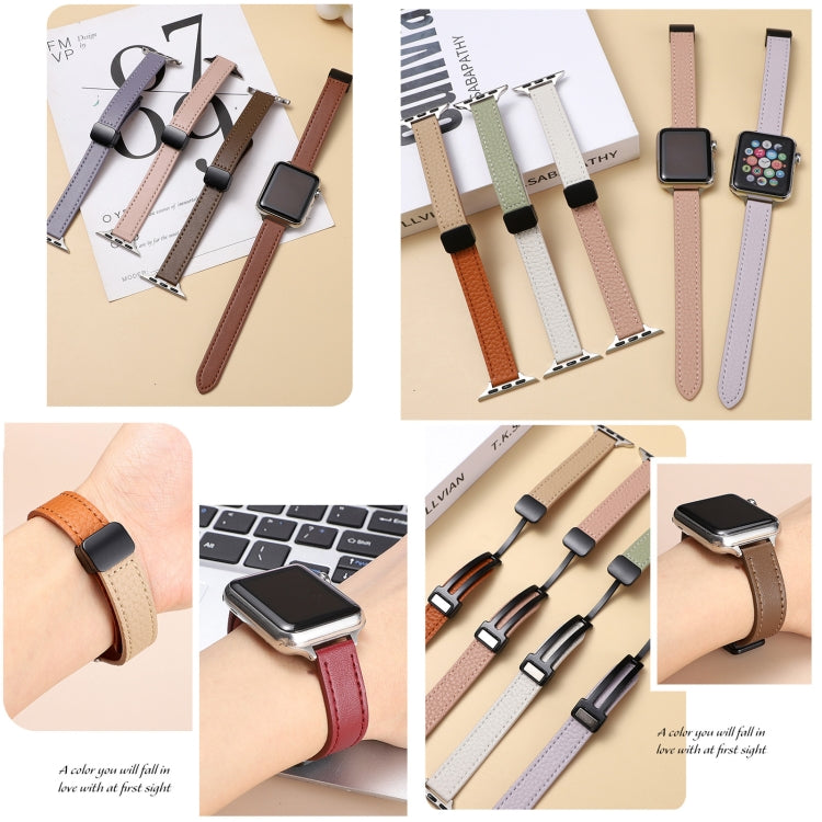 For Apple Watch Series 3 42mm Slim Magnetic Buckle Genuine Leather Watch Band(Litchi Pink Beige) - Watch Bands by PMC Jewellery | Online Shopping South Africa | PMC Jewellery