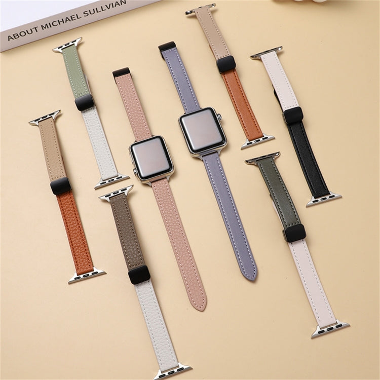 For Apple Watch SE 2022 40mm Slim Magnetic Buckle Genuine Leather Watch Band(Litchi Beige) - Watch Bands by PMC Jewellery | Online Shopping South Africa | PMC Jewellery