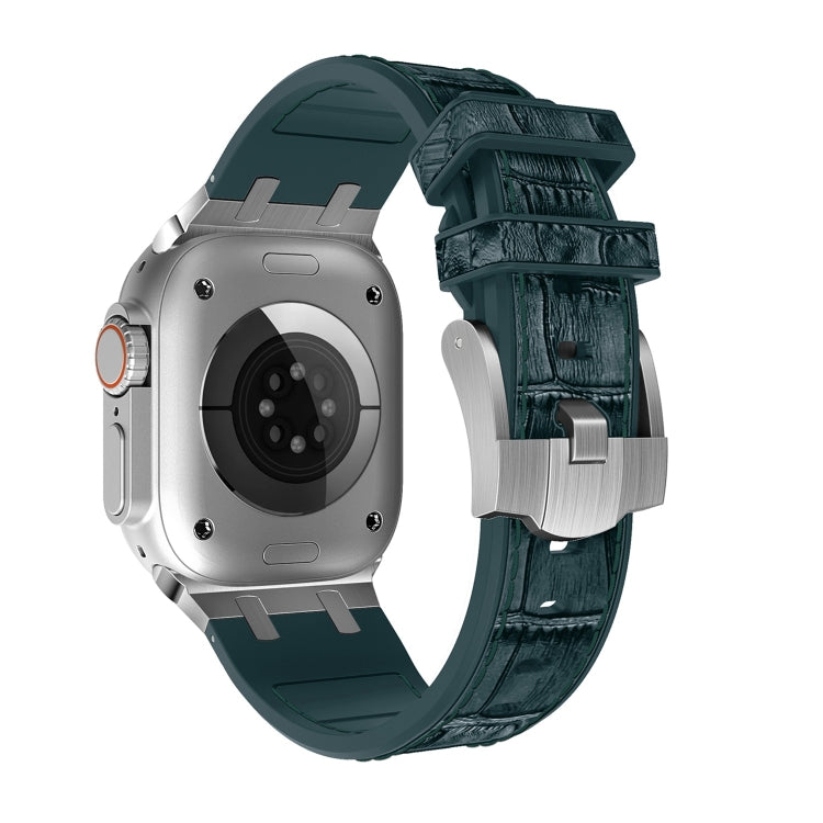 For Apple Watch SE 2023 40mm Crocodile Texture Liquid Silicone Watch Band(Silver Deep Green) - Watch Bands by PMC TechLife | Online Shopping South Africa | PMC TechLife