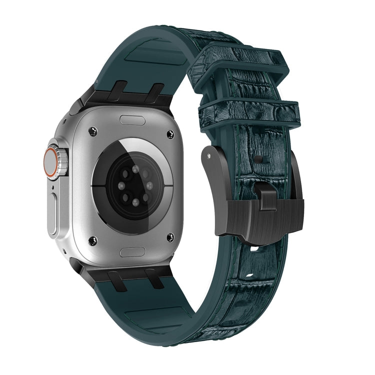 For Apple Watch Series 9 45mm Crocodile Texture Liquid Silicone Watch Band(Black Deep Green) - Watch Bands by PMC TechLife | Online Shopping South Africa | PMC TechLife