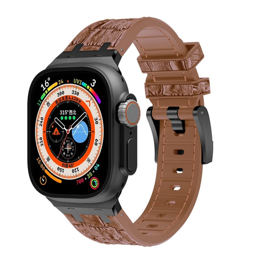 For Apple Watch Ultra 49mm Crocodile Texture Liquid Silicone Watch Band(Black Yellow Brown) - Watch Bands by PMC Jewellery | Online Shopping South Africa | PMC Jewellery