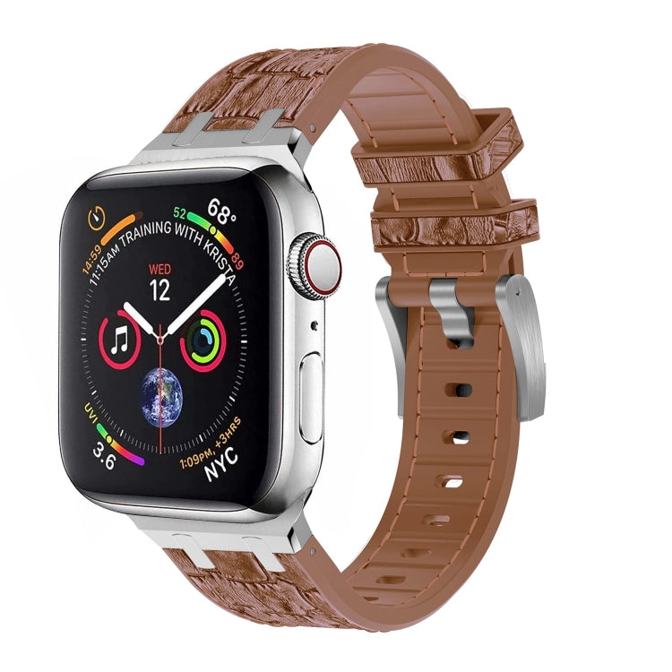 For Apple Watch 38mm Crocodile Texture Liquid Silicone Watch Band(Silver Yellow Brown) - Watch Bands by PMC TechLife | Online Shopping South Africa | PMC TechLife