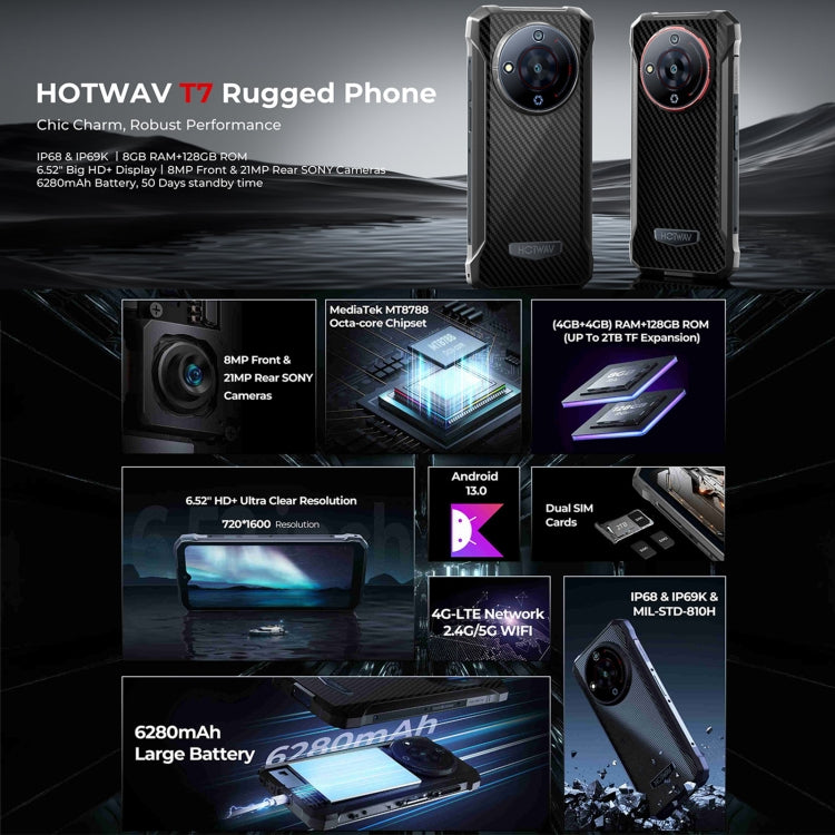 [HK Warehouse] HOTWAV T7 Rugged Phone, 4GB+128GB, 6280mAh, 6.52 inch Android 13 MT8788 Octa Core, Network: 4G, OTG(All Black) - Other by HOTWAV | Online Shopping South Africa | PMC Jewellery