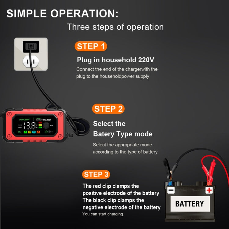 FOXSUR 7A 12V Car / Motorcycle Smart Battery Charger, Plug Type:EU Plug(Red) - Battery Charger by FOXSUR | Online Shopping South Africa | PMC TechLife | Buy Now Pay Later Mobicred
