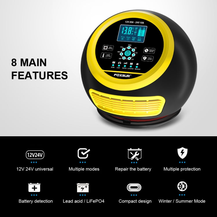 FOXSUR 20A 12V 24V Car / Motorcycle Smart Battery Charger, Plug Type:EU Plug(Yellow) - free shipping - PMC TechLife - Order now!