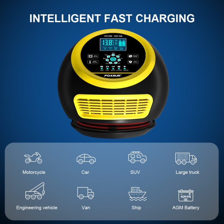 FOXSUR 20A 12V 24V Car / Motorcycle Smart Battery Charger, Plug Type:EU Plug(Yellow) - free shipping - PMC TechLife - Order now!