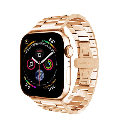 For Apple Watch Series 2 38mm Three-bead Butterfly Buckle Metal Watch Band(Rose Gold) - Watch Bands by PMC Jewellery | Online Shopping South Africa | PMC Jewellery