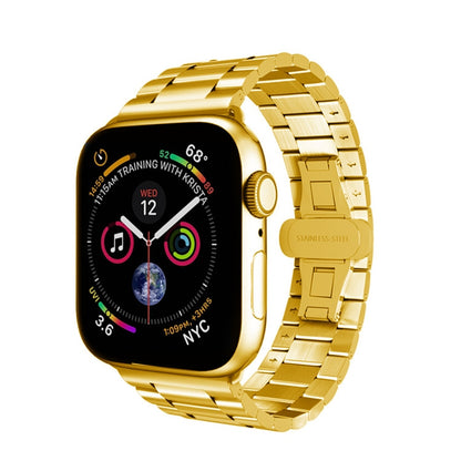 For Apple Watch 38mm Three-bead Butterfly Buckle Metal Watch Band(Gold) - Watch Bands by PMC Jewellery | Online Shopping South Africa | PMC Jewellery