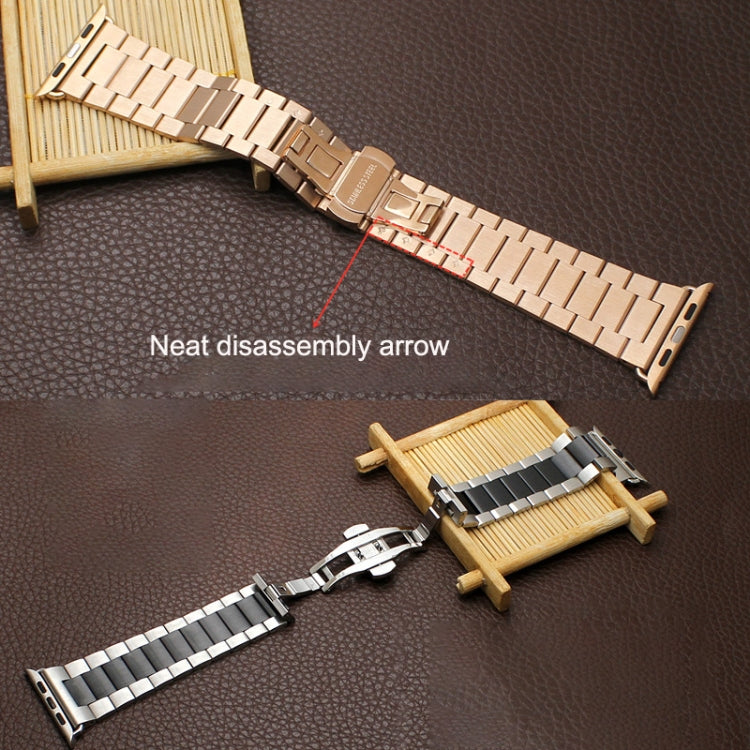 For Apple Watch Series 6 44mm Three-bead Butterfly Buckle Metal Watch Band(Rose Gold) - Watch Bands by PMC Jewellery | Online Shopping South Africa | PMC Jewellery