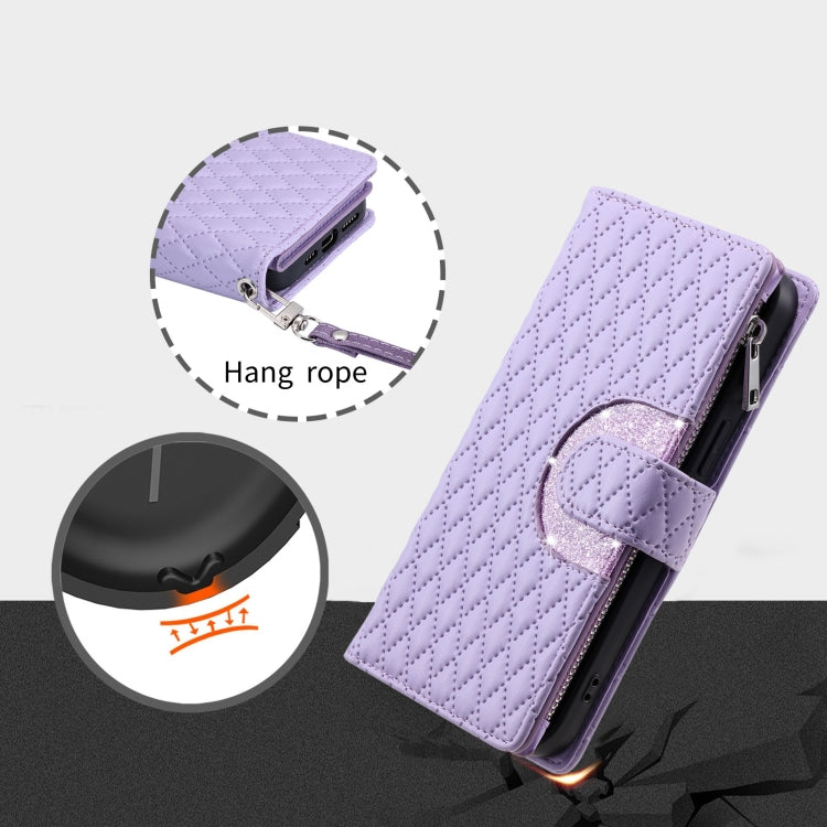 For Google Pixel 7a Glitter Lattice Zipper Wallet Leather Phone Case(Purple) - Google Cases by PMC TechLife | Online Shopping South Africa | PMC TechLife | Buy Now Pay Later Mobicred