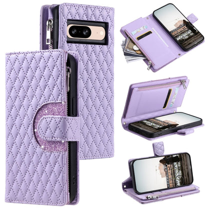 For Google Pixel 8 Glitter Lattice Zipper Wallet Leather Phone Case(Purple) - Google Cases by PMC Jewellery | Online Shopping South Africa | PMC Jewellery | Buy Now Pay Later Mobicred