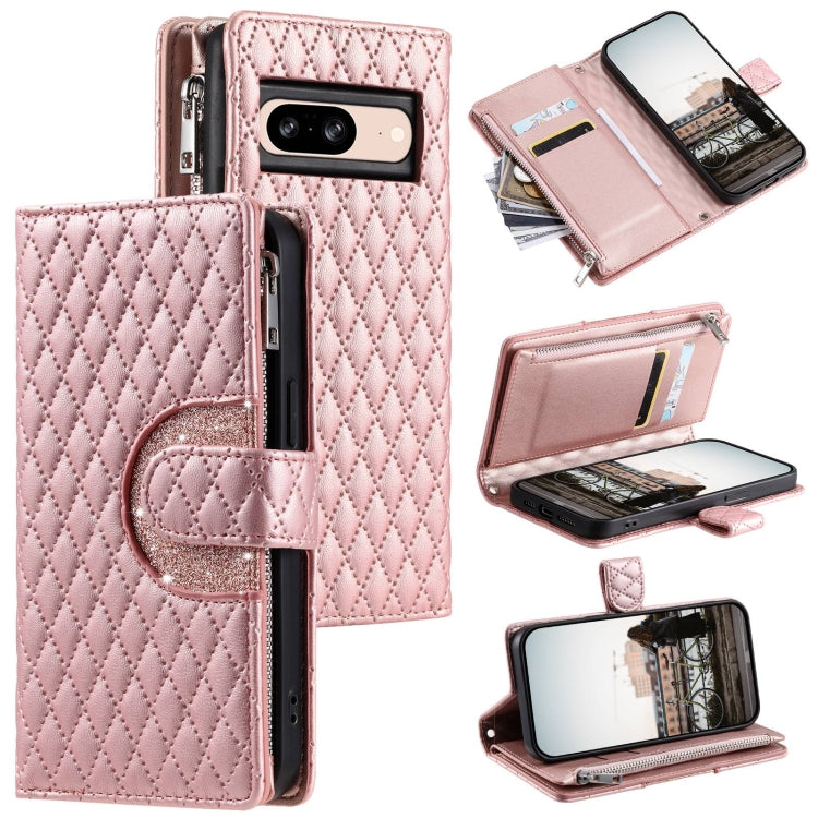 For Google Pixel 8 Glitter Lattice Zipper Wallet Leather Phone Case(Rose Gold) - Google Cases by PMC Jewellery | Online Shopping South Africa | PMC Jewellery | Buy Now Pay Later Mobicred