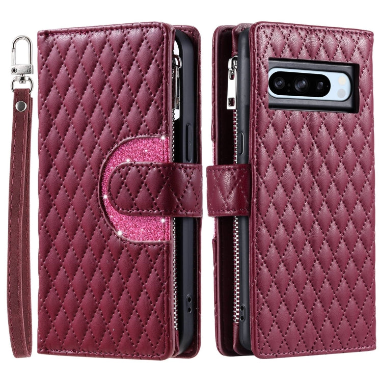 For Google Pixel 8 Pro Glitter Lattice Zipper Wallet Leather Phone Case(Wine Red) - Google Cases by PMC Jewellery | Online Shopping South Africa | PMC Jewellery | Buy Now Pay Later Mobicred