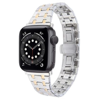 For Apple Watch Series 6 44mm Double T Stainless Steel Watch Band(Silver Gold) - Watch Bands by PMC Jewellery | Online Shopping South Africa | PMC Jewellery