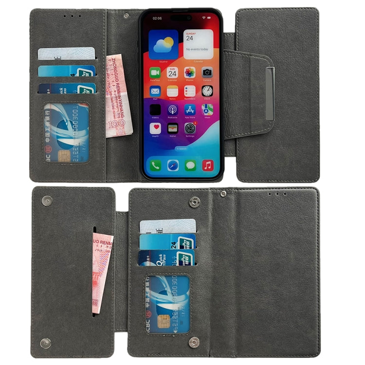 For iPhone 16 Multifunctional Seven Cards Wallet Leather Phone Case(Grey) - iPhone 16 Cases by PMC Jewellery | Online Shopping South Africa | PMC Jewellery | Buy Now Pay Later Mobicred