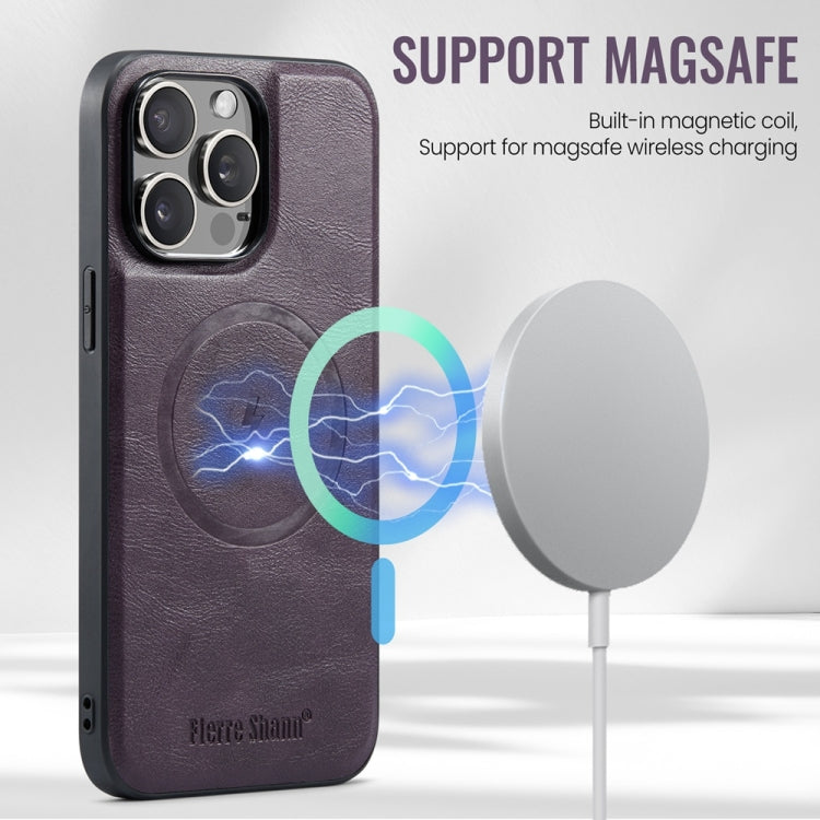 For iPhone 16 Pro Max Fierre Shann Oil Wax Cow Leather Magnetic Card Holder Phone Case(Purple) - iPhone 16 Pro Max Cases by FIERRE SHANN | Online Shopping South Africa | PMC Jewellery | Buy Now Pay Later Mobicred