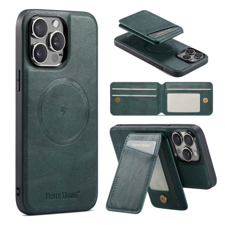 For iPhone 16 Pro Fierre Shann Cowhide Vertical Flip Magnetic Card Holder Phone Case(Green) - iPhone 16 Pro Cases by FIERRE SHANN | Online Shopping South Africa | PMC Jewellery | Buy Now Pay Later Mobicred