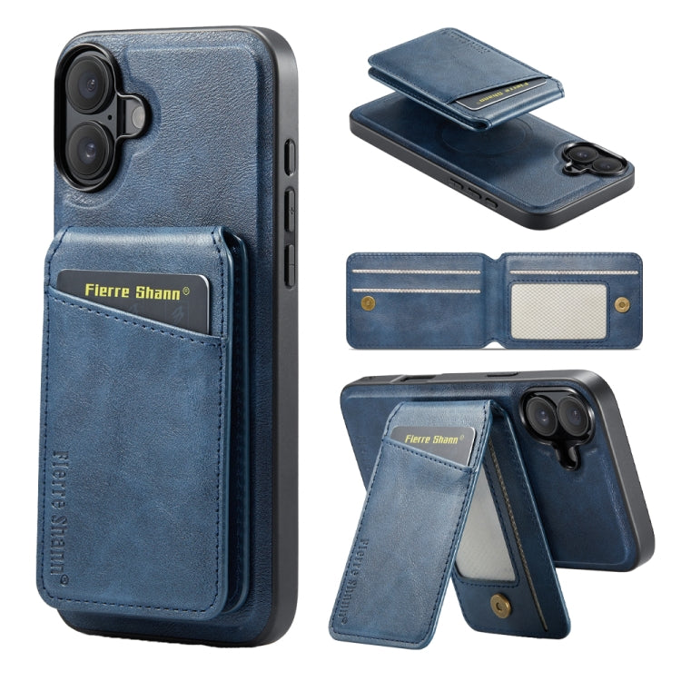 For iPhone 16 Plus Fierre Shann Cowhide Vertical Flip Magnetic Card Holder Phone Case(Blue) - iPhone 16 Plus Cases by FIERRE SHANN | Online Shopping South Africa | PMC Jewellery | Buy Now Pay Later Mobicred