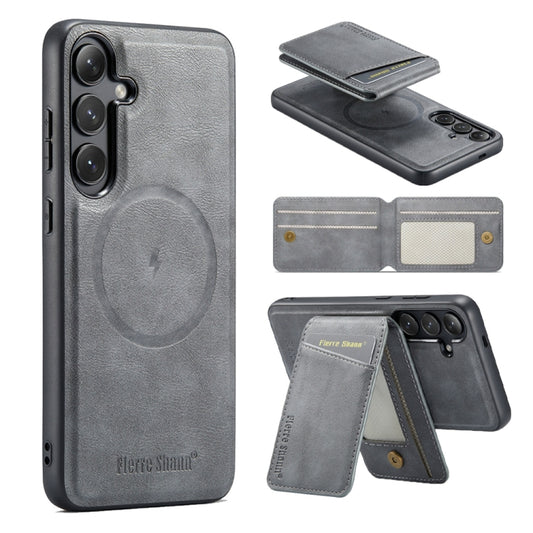 For Samsung Galaxy S24+ 5G Fierre Shann Oil Wax Cow Leather Magnetic Card Holder Phone Case(Grey) - Galaxy S24+ 5G Cases by FIERRE SHANN | Online Shopping South Africa | PMC Jewellery | Buy Now Pay Later Mobicred