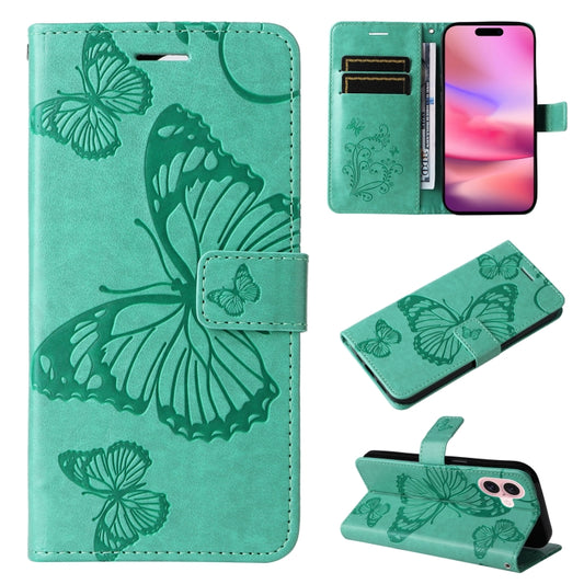 For iPhone 16 3D Butterfly Embossed Pattern Flip Leather Phone Case(Green) - iPhone 16 Cases by PMC Jewellery | Online Shopping South Africa | PMC Jewellery | Buy Now Pay Later Mobicred