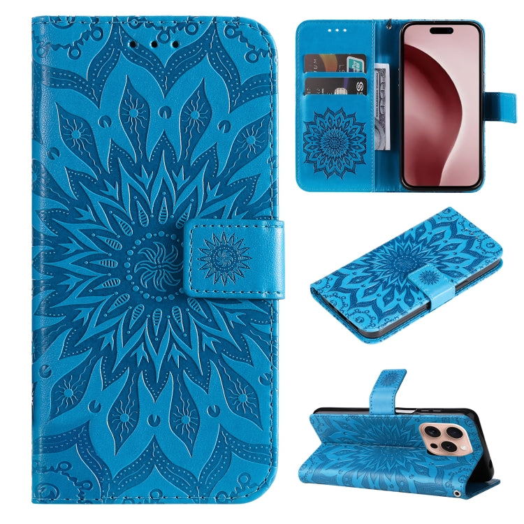 For iPhone 16 Pro Embossed Sunflower Pattern Flip Leather Phone Case(Blue) - iPhone 16 Pro Cases by PMC TechLife | Online Shopping South Africa | PMC TechLife | Buy Now Pay Later Mobicred
