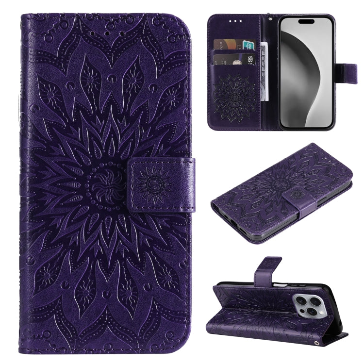 For iPhone 16 Pro Max Embossed Sunflower Pattern Flip Leather Phone Case(Purple) - iPhone 16 Pro Max Cases by PMC TechLife | Online Shopping South Africa | PMC TechLife | Buy Now Pay Later Mobicred