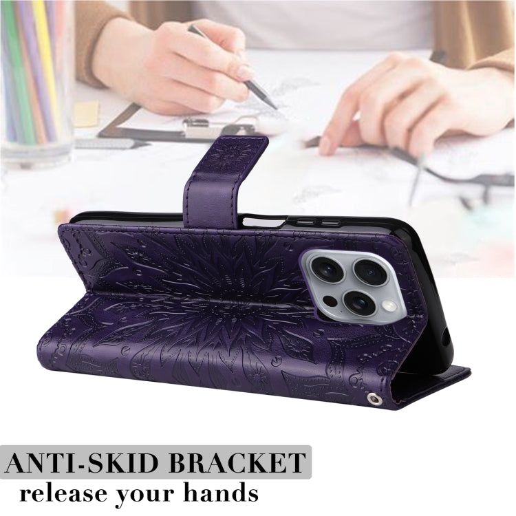 For iPhone 16 Pro Max Embossed Sunflower Pattern Flip Leather Phone Case(Purple) - iPhone 16 Pro Max Cases by PMC TechLife | Online Shopping South Africa | PMC TechLife | Buy Now Pay Later Mobicred