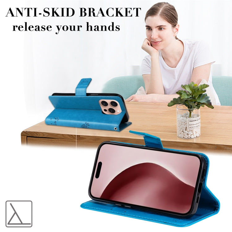 For iPhone 16 Pro Tree & Cat Embossed Pattern Flip Leather Phone Case(Blue) - iPhone 16 Pro Cases by PMC TechLife | Online Shopping South Africa | PMC TechLife | Buy Now Pay Later Mobicred