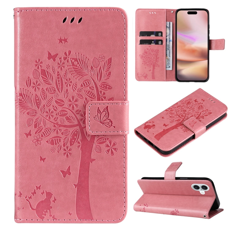 For iPhone 16 Plus Tree & Cat Embossed Pattern Flip Leather Phone Case(Pink) - iPhone 16 Plus Cases by PMC Jewellery | Online Shopping South Africa | PMC Jewellery | Buy Now Pay Later Mobicred