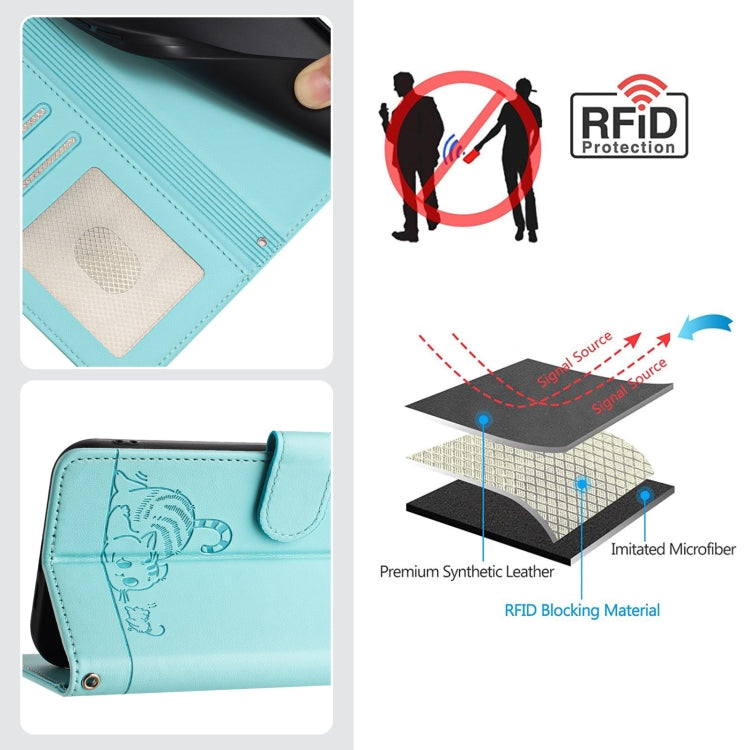 For OPPO Reno11 5G Global Cat Rat Embossed Pattern RFID Leather Phone Case with Lanyard(Mint Green) - Reno11 Cases by PMC Jewellery | Online Shopping South Africa | PMC Jewellery | Buy Now Pay Later Mobicred