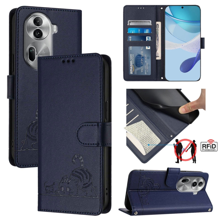 For OPPO Reno11 Pro 5G Global Cat Rat Embossed Pattern RFID Leather Phone Case with Lanyard(Blue) - Reno11 Pro Cases by PMC Jewellery | Online Shopping South Africa | PMC Jewellery | Buy Now Pay Later Mobicred