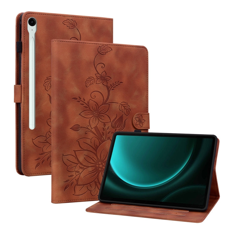 For Samsung Galaxy Tab S9 / S9 FE Lily Embossed Leather Tablet Case(Brown) - free shipping - PMC Jewellery - Order now!