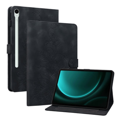 For Samsung Galaxy Tab S9 / S9 FE Lily Embossed Leather Tablet Case(Black) - Galaxy Tab S9 Cases by PMC Jewellery | Online Shopping South Africa | PMC Jewellery | Buy Now Pay Later Mobicred