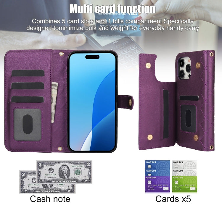 For iPhone 16 Pro Max Crossbody Multifunction Rhombic Leather Phone Case(Dark Purple) - iPhone 16 Pro Max Cases by PMC Jewellery | Online Shopping South Africa | PMC Jewellery | Buy Now Pay Later Mobicred