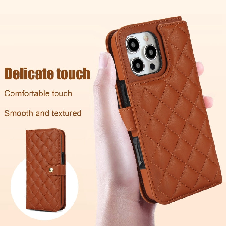 For iPhone 16 Pro Crossbody Multifunction Rhombic Leather Phone Case(Brown) - More iPhone Cases by PMC Jewellery | Online Shopping South Africa | PMC Jewellery | Buy Now Pay Later Mobicred