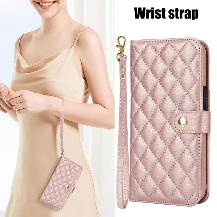 For iPhone 16 Plus Crossbody Multifunction Rhombic Leather Phone Case(Rose Gold) - free shipping - PMC Jewellery - Order now!