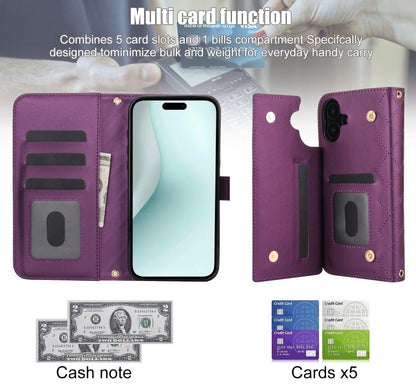 For iPhone 16 Crossbody Multifunction Rhombic Leather Phone Case(Dark Purple) - iPhone 16 Cases by PMC Jewellery | Online Shopping South Africa | PMC Jewellery | Buy Now Pay Later Mobicred