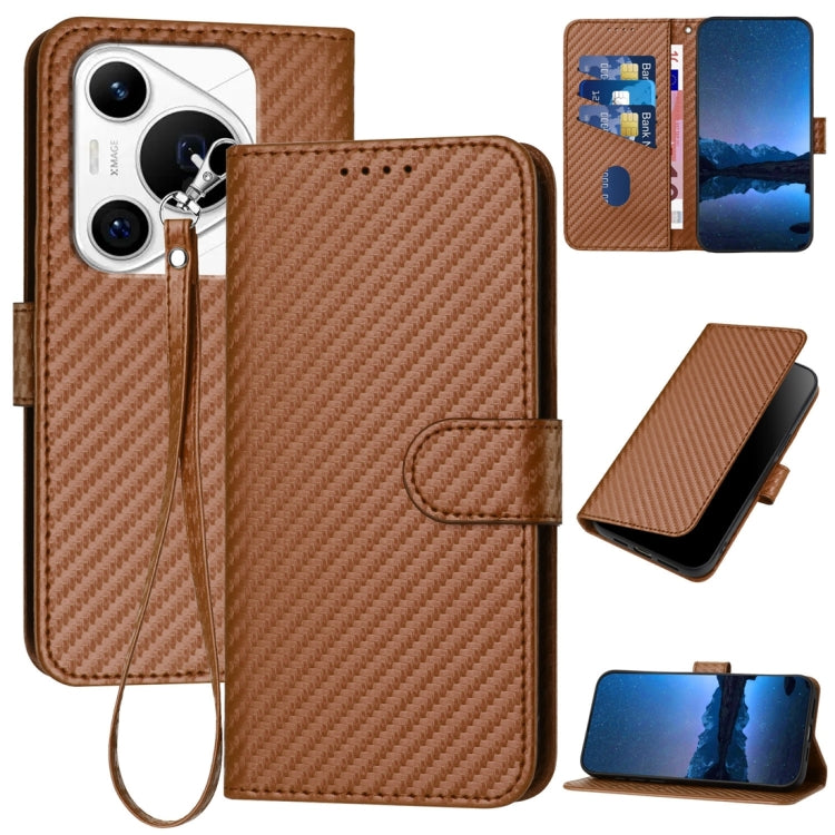 For Huawei Pura 70 Pro / Pura 70 Ultra YX0070 Carbon Fiber Buckle Leather Phone Case with Lanyard(Coffee) - Huawei Cases by PMC Jewellery | Online Shopping South Africa | PMC Jewellery | Buy Now Pay Later Mobicred