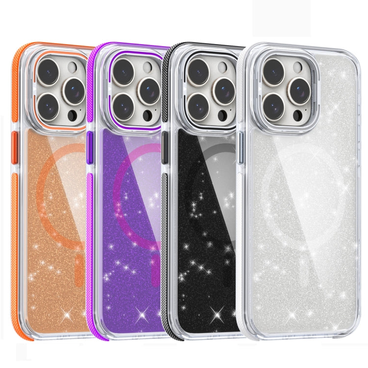 For iPhone 16 Plus Two-color Glitter Powder Lens Holder Magsafe Phone Case(White) - iPhone 16 Plus Cases by PMC Jewellery | Online Shopping South Africa | PMC Jewellery | Buy Now Pay Later Mobicred