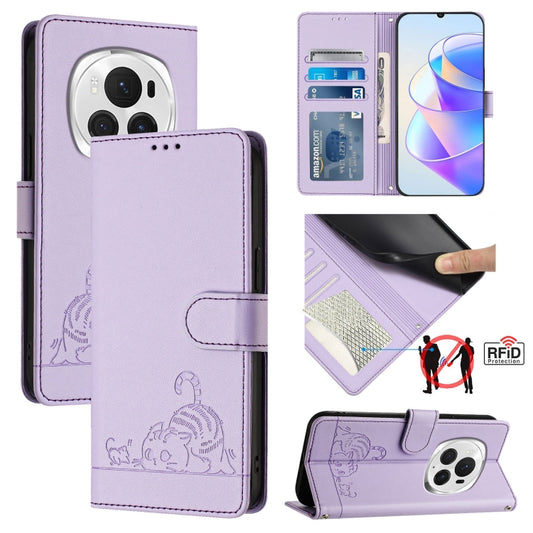 For Honor Magic6 Pro 5G Global Cat Rat Embossed Pattern RFID Leather Phone Case with Lanyard(Purple) - Honor Cases by PMC Jewellery | Online Shopping South Africa | PMC Jewellery | Buy Now Pay Later Mobicred