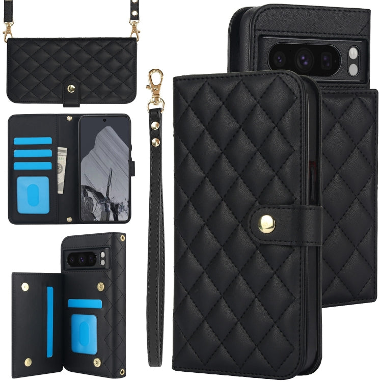 For Google Pixel 8 Pro Crossbody Multifunction Rhombic Leather Phone Case(Black) - Google Cases by PMC TechLife | Online Shopping South Africa | PMC TechLife | Buy Now Pay Later Mobicred