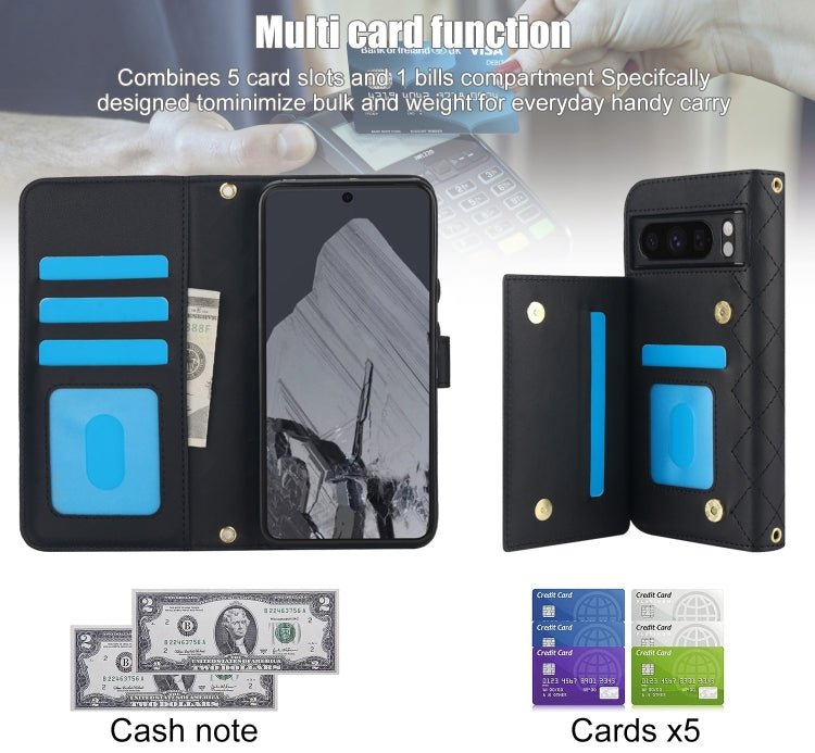 For Google Pixel 8 Pro Crossbody Multifunction Rhombic Leather Phone Case(Black) - Google Cases by PMC TechLife | Online Shopping South Africa | PMC TechLife | Buy Now Pay Later Mobicred