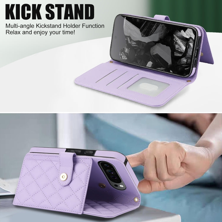 For Google Pixel 9 Crossbody Multifunction Rhombic Leather Phone Case(Purple) - Google Cases by PMC TechLife | Online Shopping South Africa | PMC TechLife | Buy Now Pay Later Mobicred