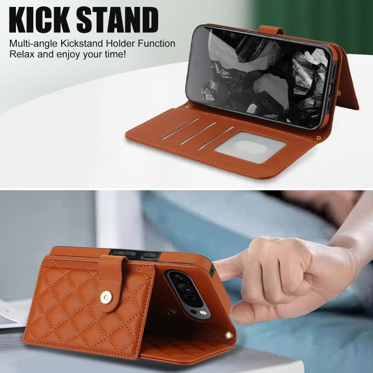 For Google Pixel 9 Pro XL Crossbody Multifunction Rhombic Leather Phone Case(Brown) - Google Cases by PMC TechLife | Online Shopping South Africa | PMC TechLife | Buy Now Pay Later Mobicred