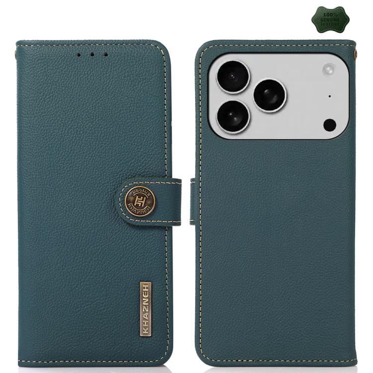 For iPhone 17 Pro Max KHAZNEH Custer Genuine Leather RFID Phone Case(Green) - free shipping - PMc TechLife - Order now!