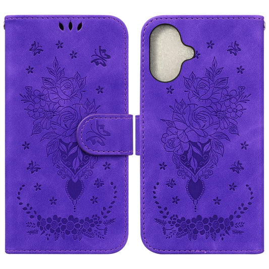 For iPhone 16 Butterfly Rose Embossed Leather Phone Case(Purple) - iPhone 16 Cases by PMC Jewellery | Online Shopping South Africa | PMC Jewellery | Buy Now Pay Later Mobicred