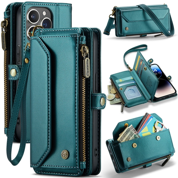 For iPhone 14 Pro CaseMe C36 Card Slots Zipper Wallet RFID Anti-theft Leather Phone Case(Blue-green) - iPhone 14 Pro Cases by CaseMe | Online Shopping South Africa | PMC Jewellery | Buy Now Pay Later Mobicred