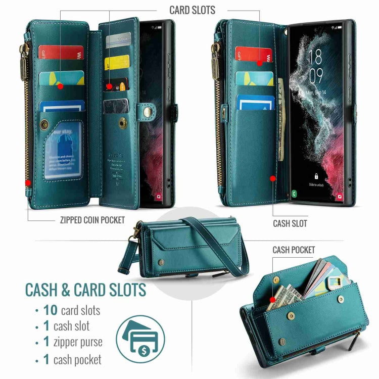 For Samsung Galaxy S22 Ultra 5G CaseMe C36 Card Slots Zipper Wallet RFID Anti-theft Leather Phone Case(Blue-green) - Galaxy S22 Ultra 5G Cases by CaseMe | Online Shopping South Africa | PMC Jewellery | Buy Now Pay Later Mobicred