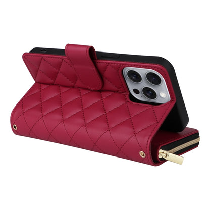 For iPhone 16 Pro Max Crossbody Rhombic Zipper Tower Buckle Leather Phone Case with Lanyard(Wine Red) - iPhone 16 Pro Max Cases by PMC Jewellery | Online Shopping South Africa | PMC Jewellery | Buy Now Pay Later Mobicred