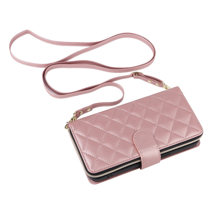 For iPhone 16 Pro Max Crossbody Rhombic Zipper Tower Buckle Leather Phone Case with Lanyard(Rose Gold) - iPhone 16 Pro Max Cases by PMC Jewellery | Online Shopping South Africa | PMC Jewellery | Buy Now Pay Later Mobicred